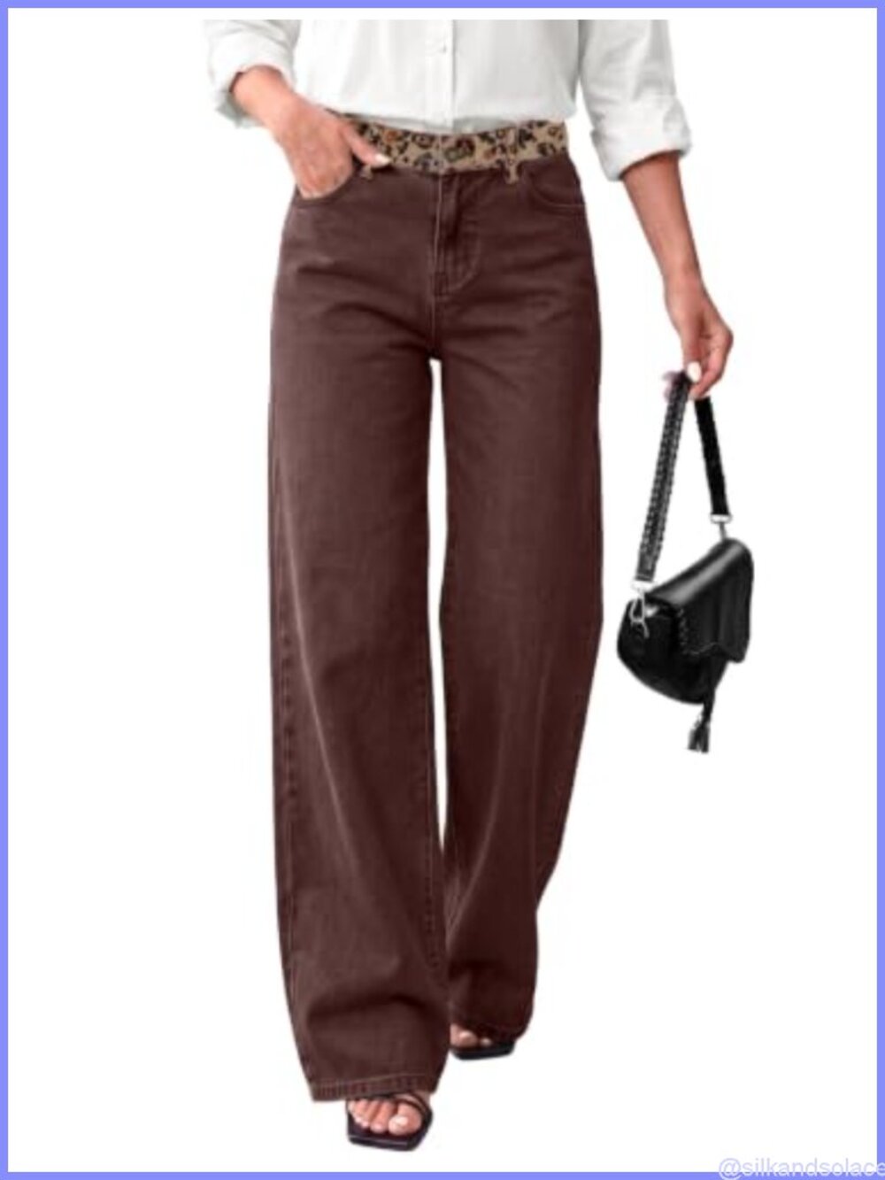 Sidefeel Mid Rise Wide Leg Jeans Stretchy 65% Cotton Leopard Waist